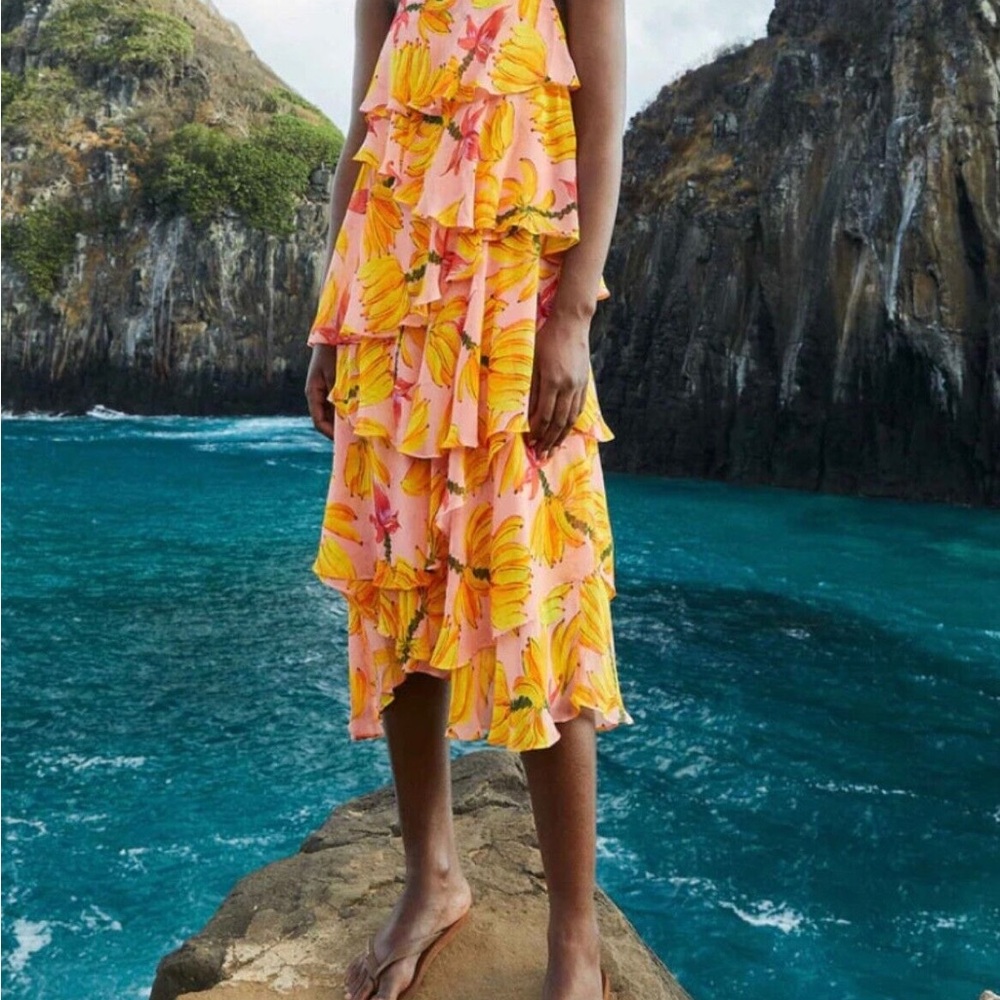 Farm Rio Pink Banana Ruffled Maxi Dress NWT
